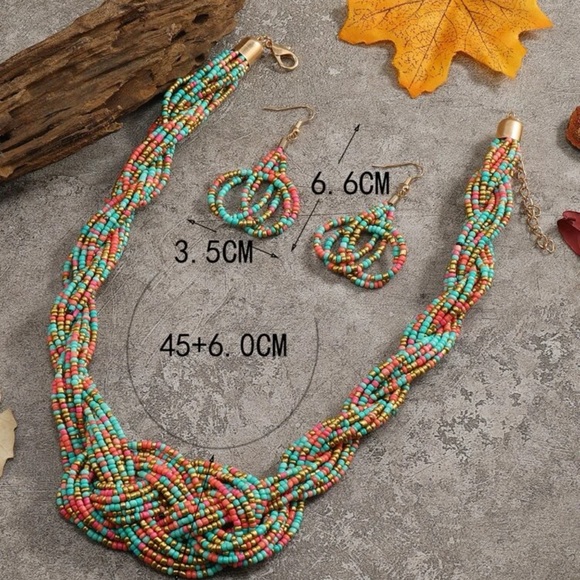 Bohemian Multi-Color Block Beaded Necklace & Drop Earrings Set - Picture 4 of 4